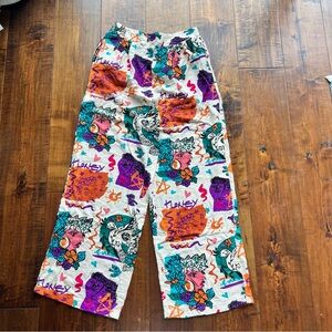 Milk & Honey pleated Wide Leg Graphic Print Pants in White with Multicolor Art